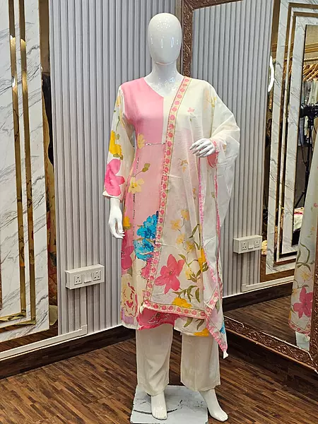 PURE MUL COOTTON SUIT SET WITH FLORAL PRINTED HIGHLIGHT HANDWORK  PINK